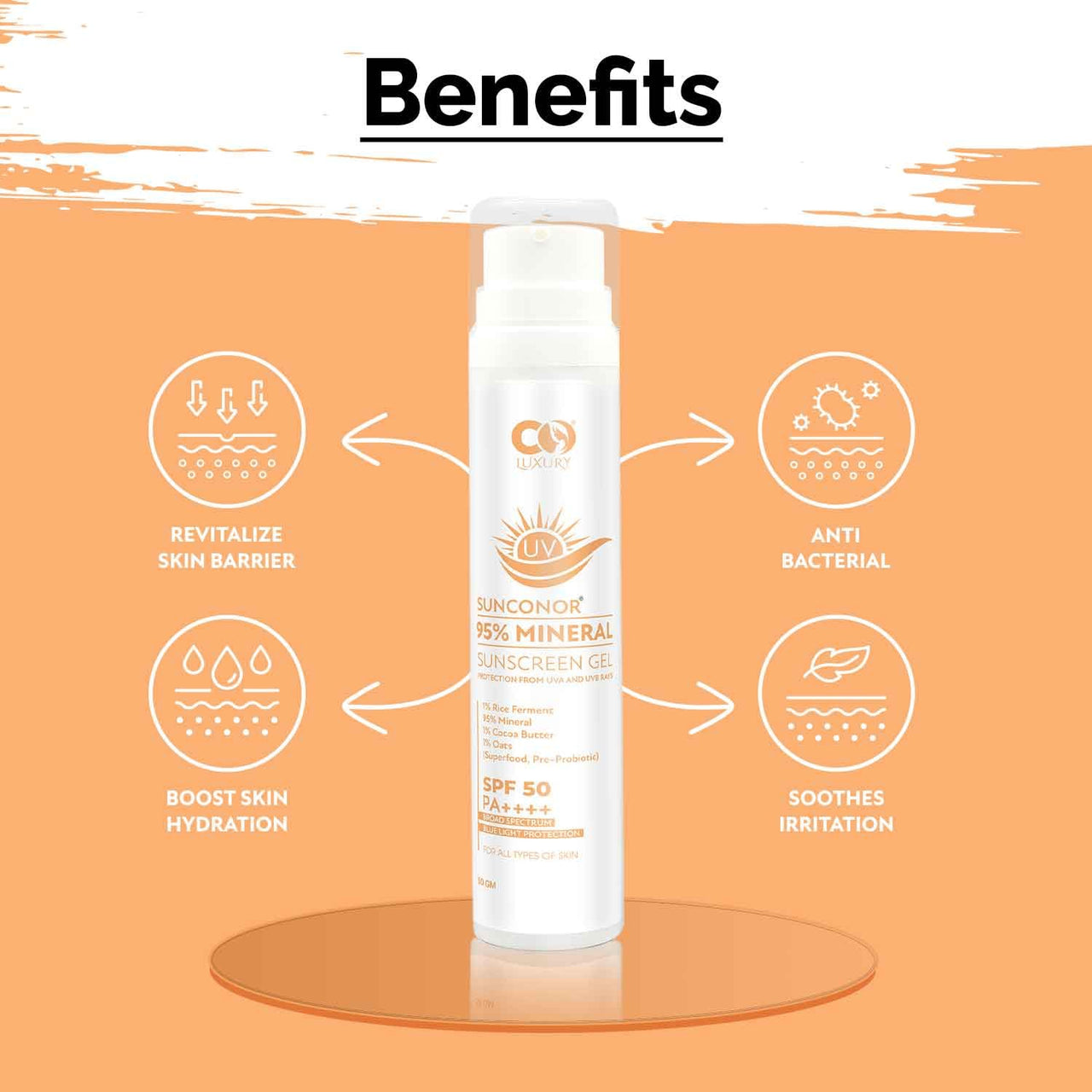 CO LUXURY SPF 50 PA++++ 95% Mineral Sunscreen | Water Resistant Upto 8 hours | Non-greasy | Lightweight | No White Cast | Broad spectrum | Dermatologist Prescribed | For Sensitive skin |50gm