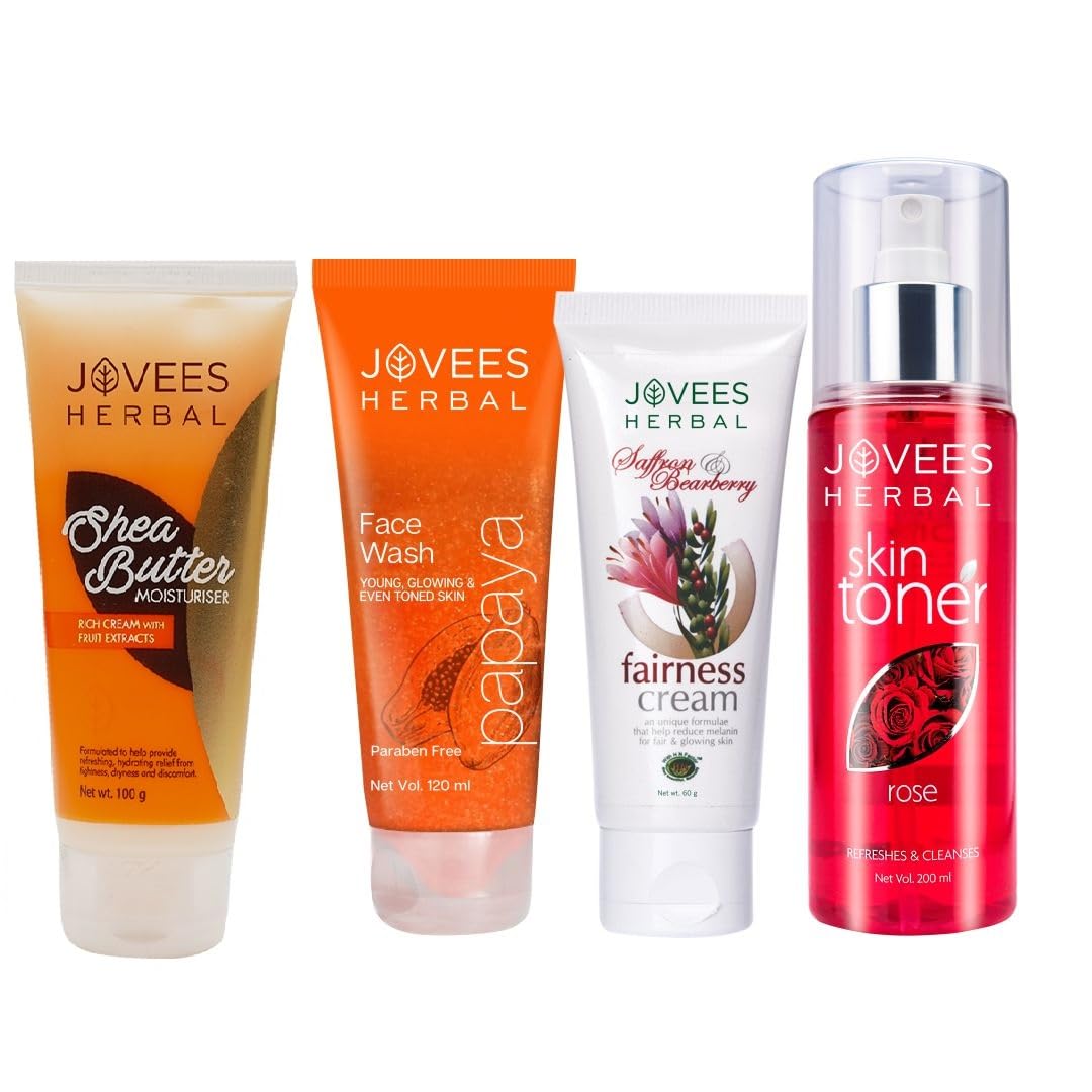 Jovees Herbal Shea butter Moisturiser (100g) + Papaya Face wash (120ml) + Saffron cream (60g) + Rose Toner (200ml) Set Of 4