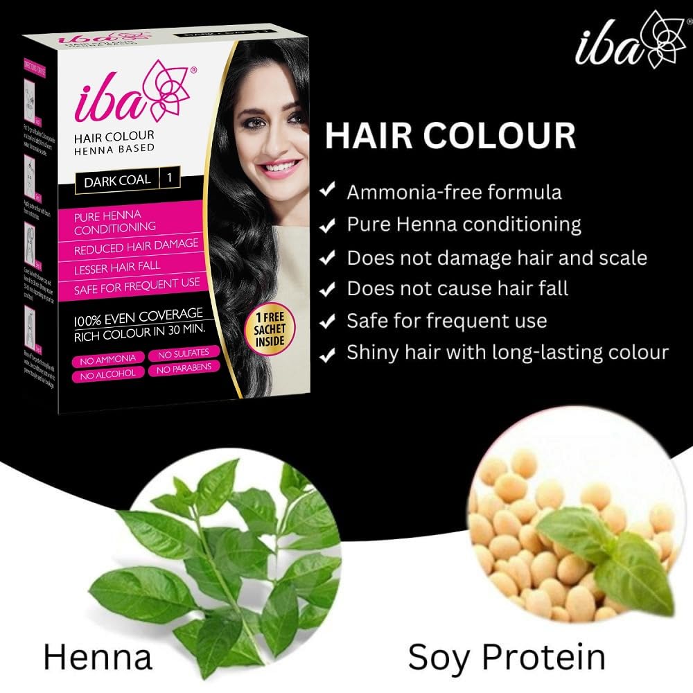Iba Hair Colour for Women - Dark Coal, 70g | 100% Pure Henna Based Powder Sachet | Natural Hair Colour & Long Lasting with Conditioning Formula | Reduced Hair Fall & Hair Damage | Shine & Nourish Hair | Free from Ammonia and Other Harmful Chemicals | Herb