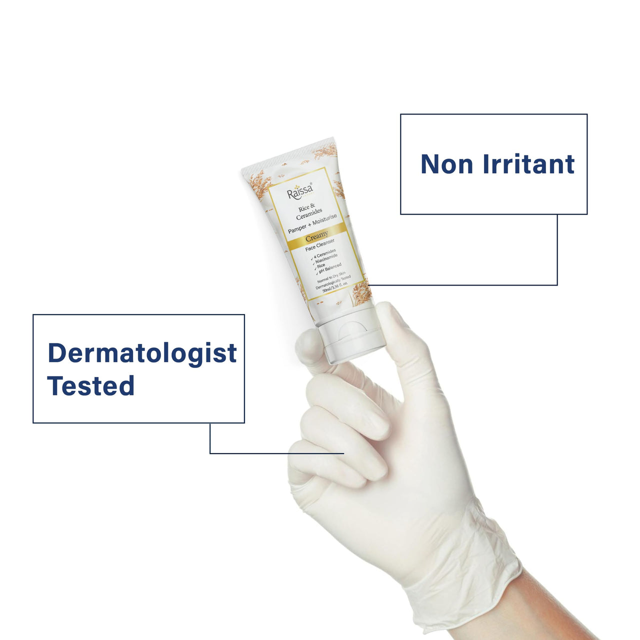 Raissa Luxury Rice & Ceramides Creamy Face Cleanser |Normal to dry Skin |Contains 4 Ceramides, Niacinamide, Rice Extract| pH Balanced, Clinically Tested, Non-irritant, Soap, Silicone, Paraben Free 50g