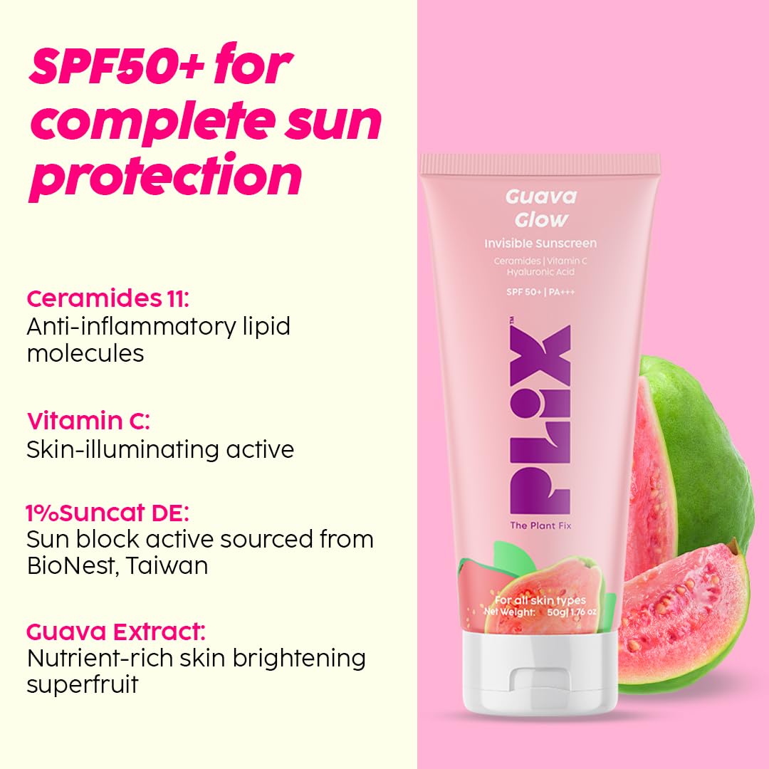The Plant Fix Plix Spf 50+ Guava Glow Invisible Sunscreen For All Skin Type With Pa +++|For Uv A,Uv B&Blue Light Protection With Ceramides,Vitamin C&Hyaluronic Acid|No White Cast,Cruelty-Free|50 G