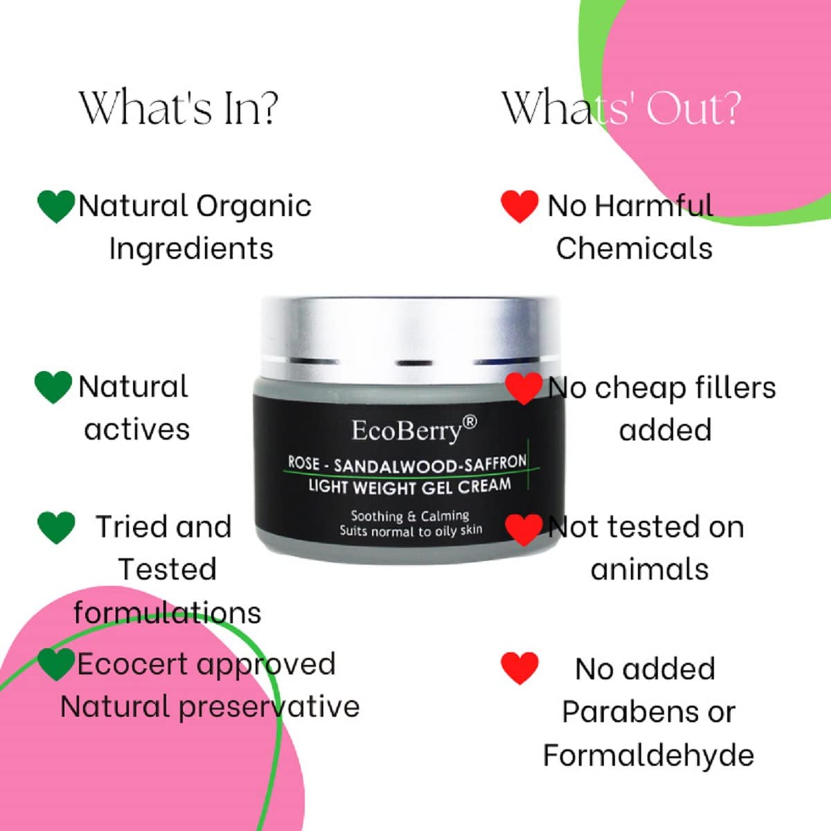 EcoBerry Rose Sandalwood Saffron Light Weight Gel Cream | Calming & Soothing Skin, Provides Hydration, Organic, Natural, Non Comedogenic, Paraben Free, Chemical Free, Cruelty Free, Mineral Oil Free, Preservative Free, Vegan