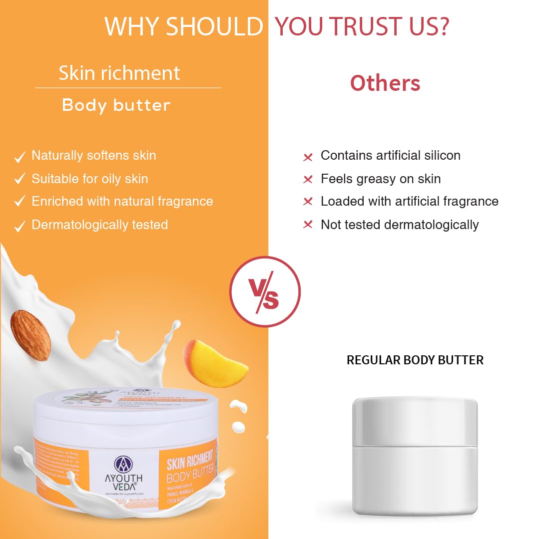 Ayouthveda Skin Richment Body Butter, Guard Skin from Damage with Its Nutrient-Rich Element, Mango, Cocoa, Moringa Butter (Pack of 5) (200gm each)
