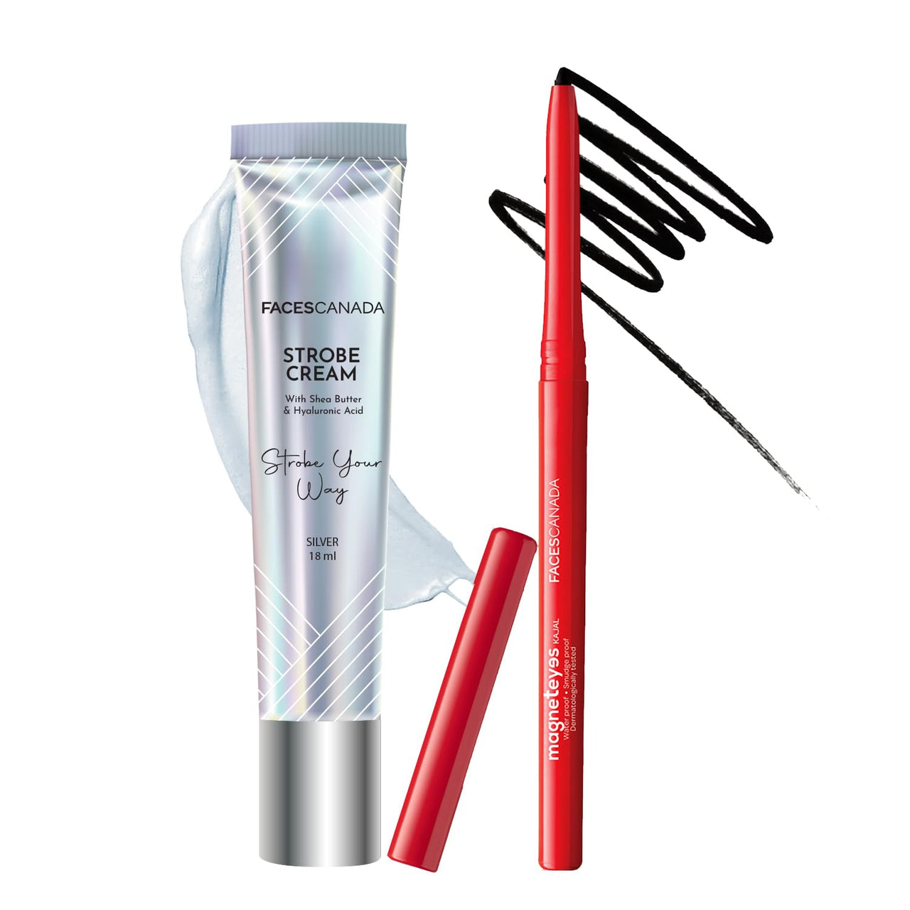 FACES CANADA Bright Eyed Combo - Strobe Cream - Silver (18 ml) + Magneteyes Kajal - Black (0.35 gm) | Illuminating & Glowing Makeup Base | Waterproof & Smudgeproof