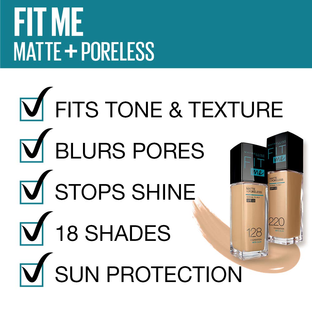 Maybelline New York Fit Me Matte+Poreless Liquid Foundation, 128 Warm Nude, 30ml with SPF & Primer Matte + Poreless with FREE Maybelline New York Master Foundation Oval Brush,34.9 g