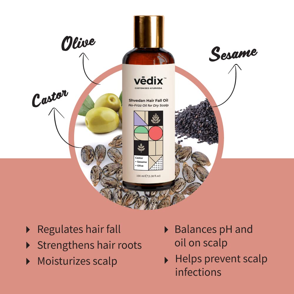 Vedix Customised Ayurvedic Hair Fall Oil | Vedix Shvedan Hair Fall Oil | For Dry Scalp | With Castor + Sesame + Olive | For Reducing Hair Fall | For Hair Growth | -100ml