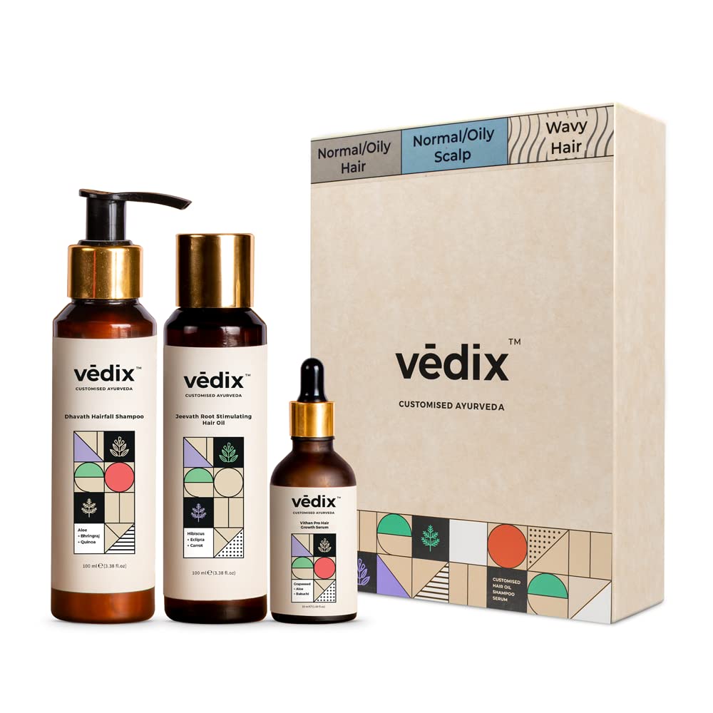 Vedix Customized Hair Fall Control Regimen For Normal/Oily Hair Scalp&Wavy Hair -Ayurvedic Hair Care - 3 Product Kit - Anti-Hairfall Shampoo- Hair Growth Serum,570 Grams
