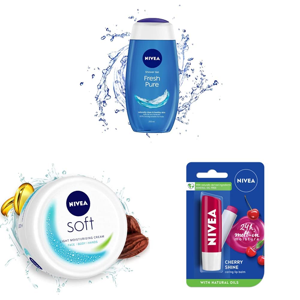 NIVEA Shower Gel, Fresh Pure Body Wash, 250ml & NIVEA Soft Light Moisturizer Cream, with Vitamin E & Jojoba Oil for Face, Hands and Body, 300 ml & NIVEA Lip Balm, Fruity Cherry Shine, 4.8g