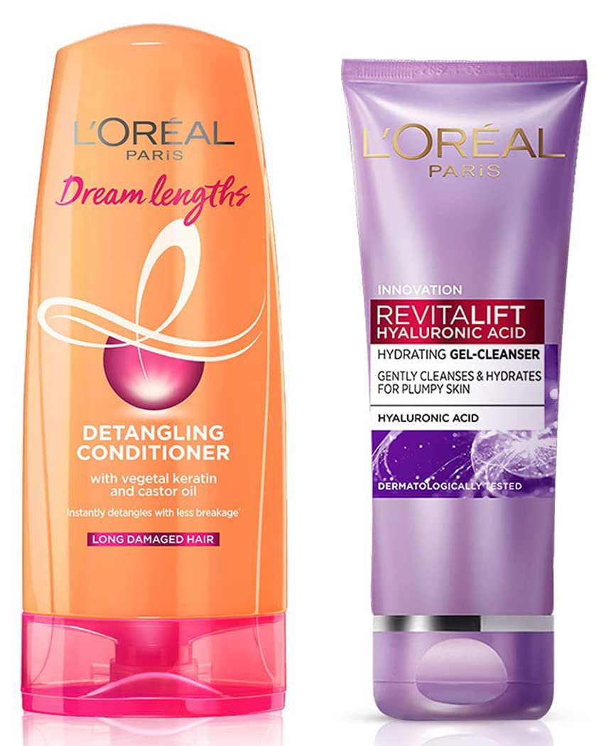 L'Oreal Paris Dream Lengths Conditioner, 192.5 ml & L'Oreal Paris Revitalift Hyaluronic Acid Hydrating Gel Cleanser, 50 ml | Gentle Facewash for women | Cleanses impurities & makeup residue 50ml