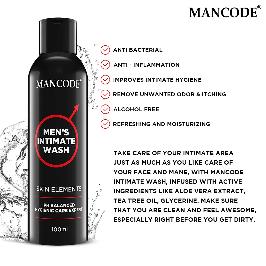 Mancode Intimate Wash For Men - 100ml with Tea Tree Essential Oil Ayurvedic & Natural Personal Intimate Hygiene Prevents Itching Irritation & Dryness Caused By Sweating Ball Wash for Men