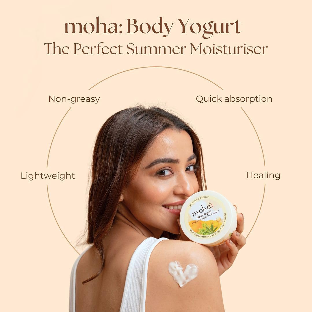 moha: Body Yogurt with Vitamin E, Hemp Seed oil, Moringa & Hyaluronic Acid provides instant Hydration I Lightweight & fast-absorbing formula – 250gm