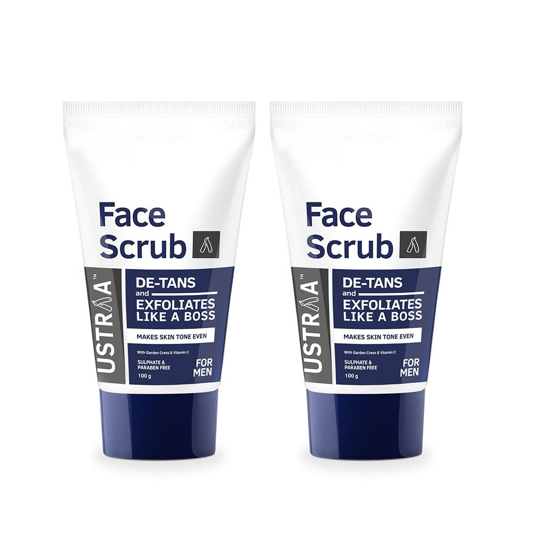 Ustraa Face Scrub -100g - Pack of 2 - De-Tan Scrub for Men | Exfoliation & Effective Tan Removal with Bigger Walnut Granules, No Sulphate, No Paraben | Made in India