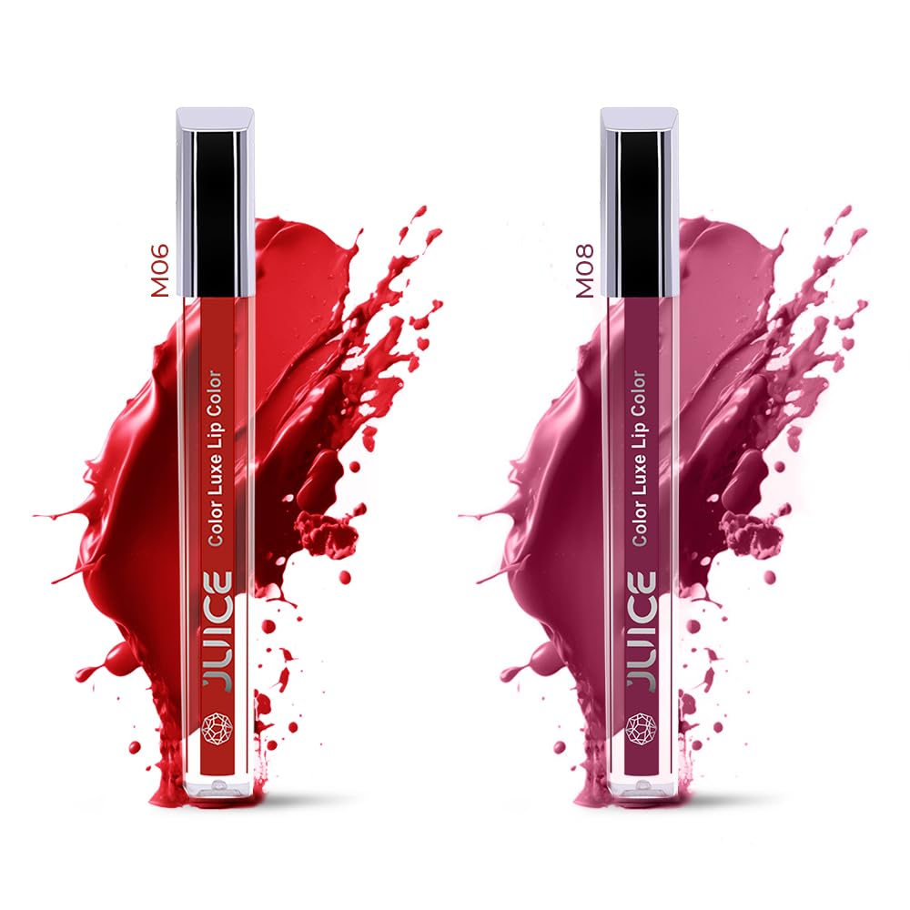 Juice matte Color Luxe Lipstick - Smudge-Free with Bio Retinol, Moisturizing Lock Technology, SPF 15, Waterproof, Long-Lasting Pack of 2 (BOLD RED - M06 & PINK PLUM - M08)