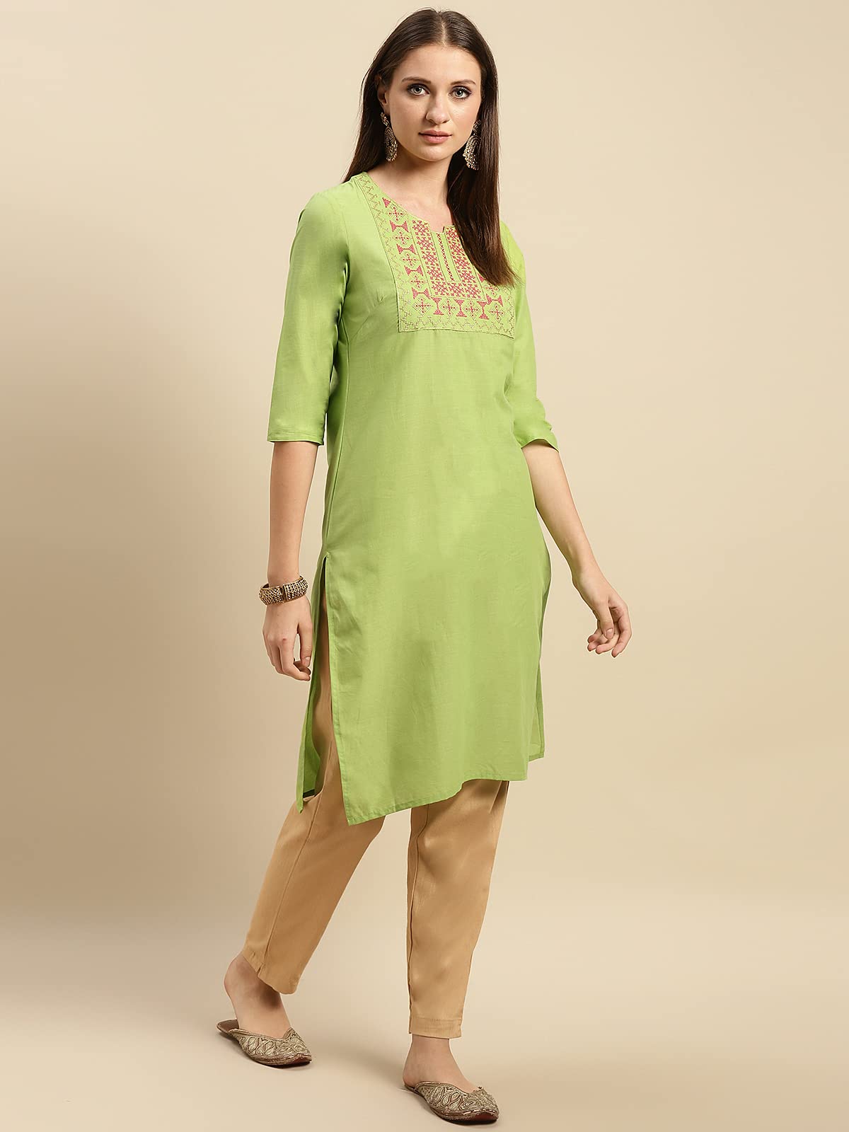rangita Women 100% Cotton Yoke Zari Embroidered Knee Length Straight Kurti