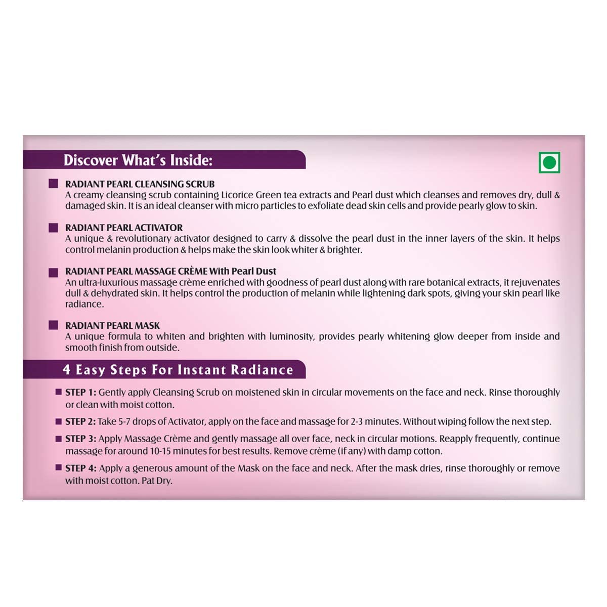 Lotus Herbals Radiant Pearl Cellular 4 in 1 Facial Kit | For Deep Cleaning | With Pearl Extracts & Green Tea | 4x37g