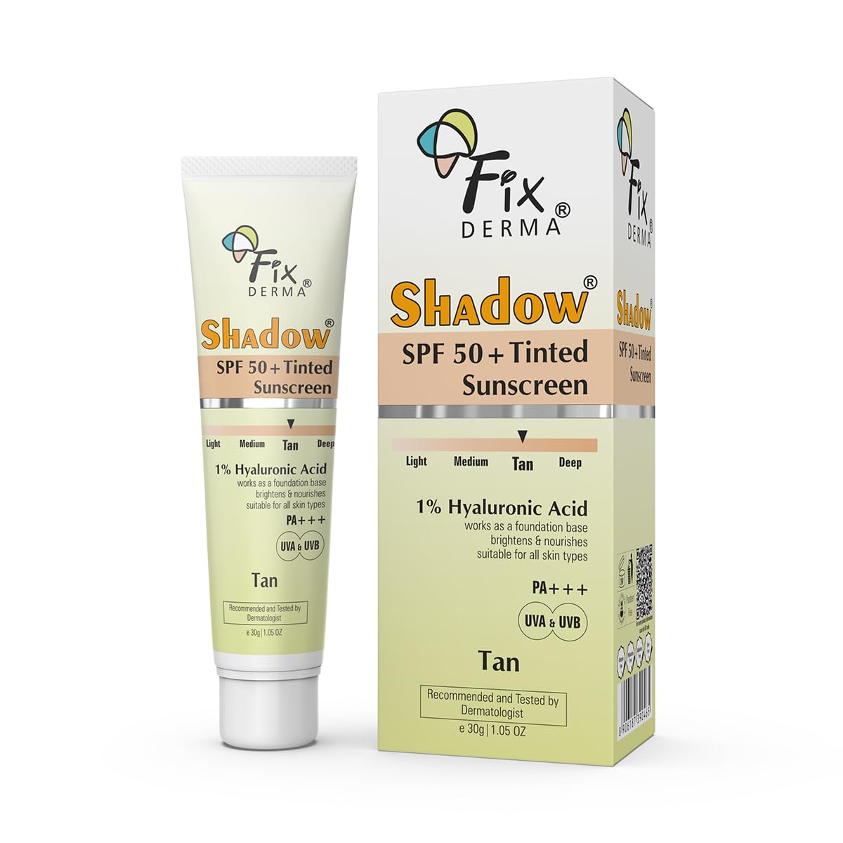 Fixderma Shadow Tinted Sunscreen Tan SPF 50 PA+++ | 1% Hyaluronic Acid & Vitamin E | Brightens & Nourishes the Skin | UVA & UVB Protection | Lightweight | No White Cast | For All Skin Types - 30gm