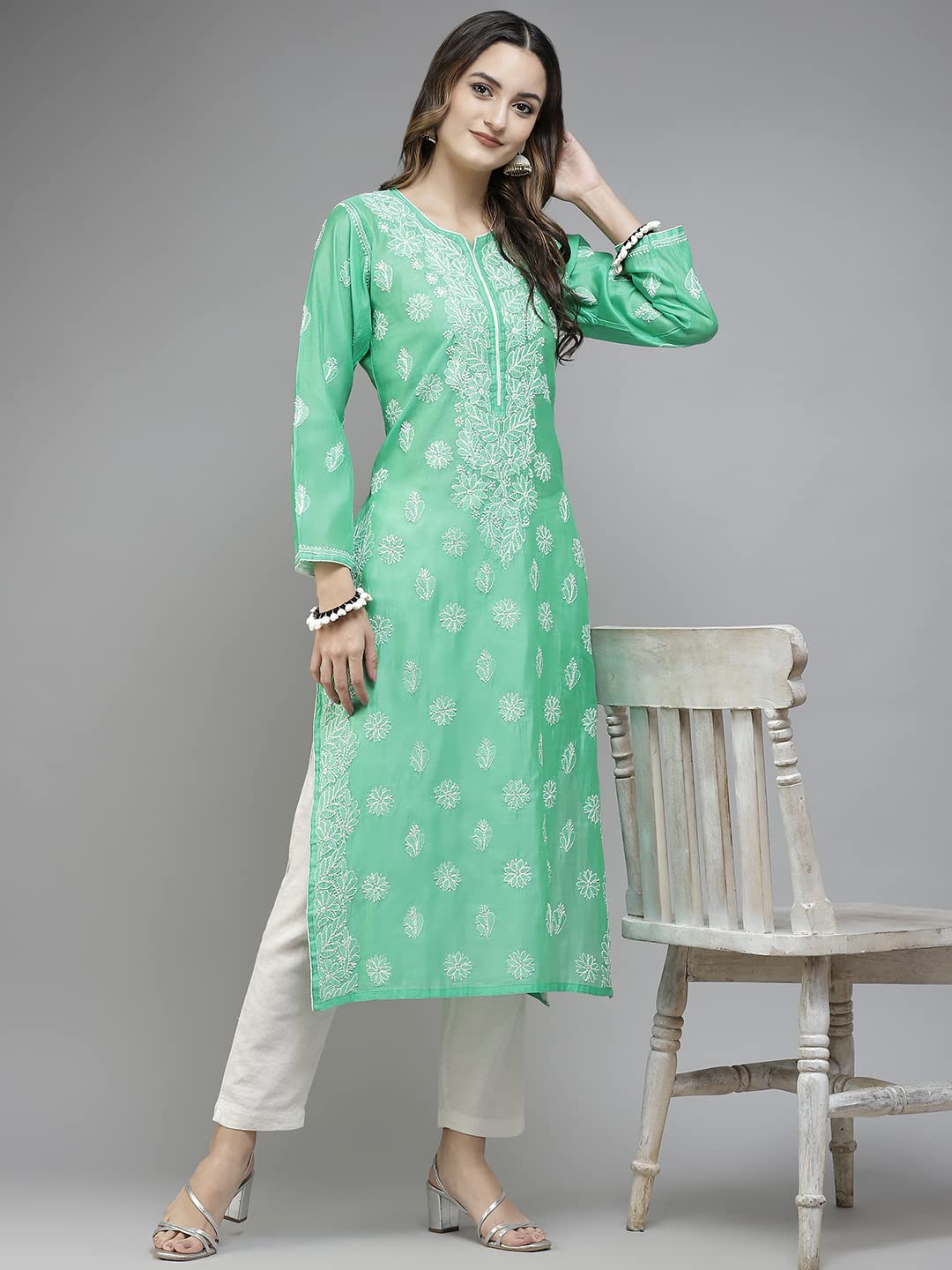 Ada Hand Embroidered New Lucknowi Chikankari Chanderi Kurta Kurti for Women A411175