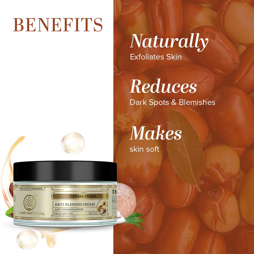 Khadi Natural Anti Blemish Cream, 50g|Skin exfoliating properties| Makes skin soft and smooth| Reduces dark spots and pigmentation|Suitable for All Skin Types