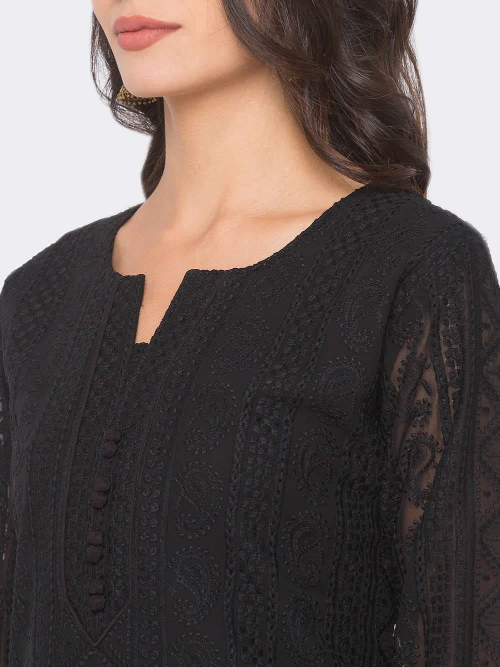 ZOLA Exclusive Georgette Round Neck with 3/4Th Sleeves and Calf Length Luckhnowi Chikan Kari Kurta with Button Placket On Yolk Ethnic Wear Straight Kurta for Women