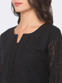 ZOLA Exclusive Georgette Round Neck with 3/4Th Sleeves and Calf Length Luckhnowi Chikan Kari Kurta with Button Placket On Yolk Ethnic Wear Straight Kurta for Women