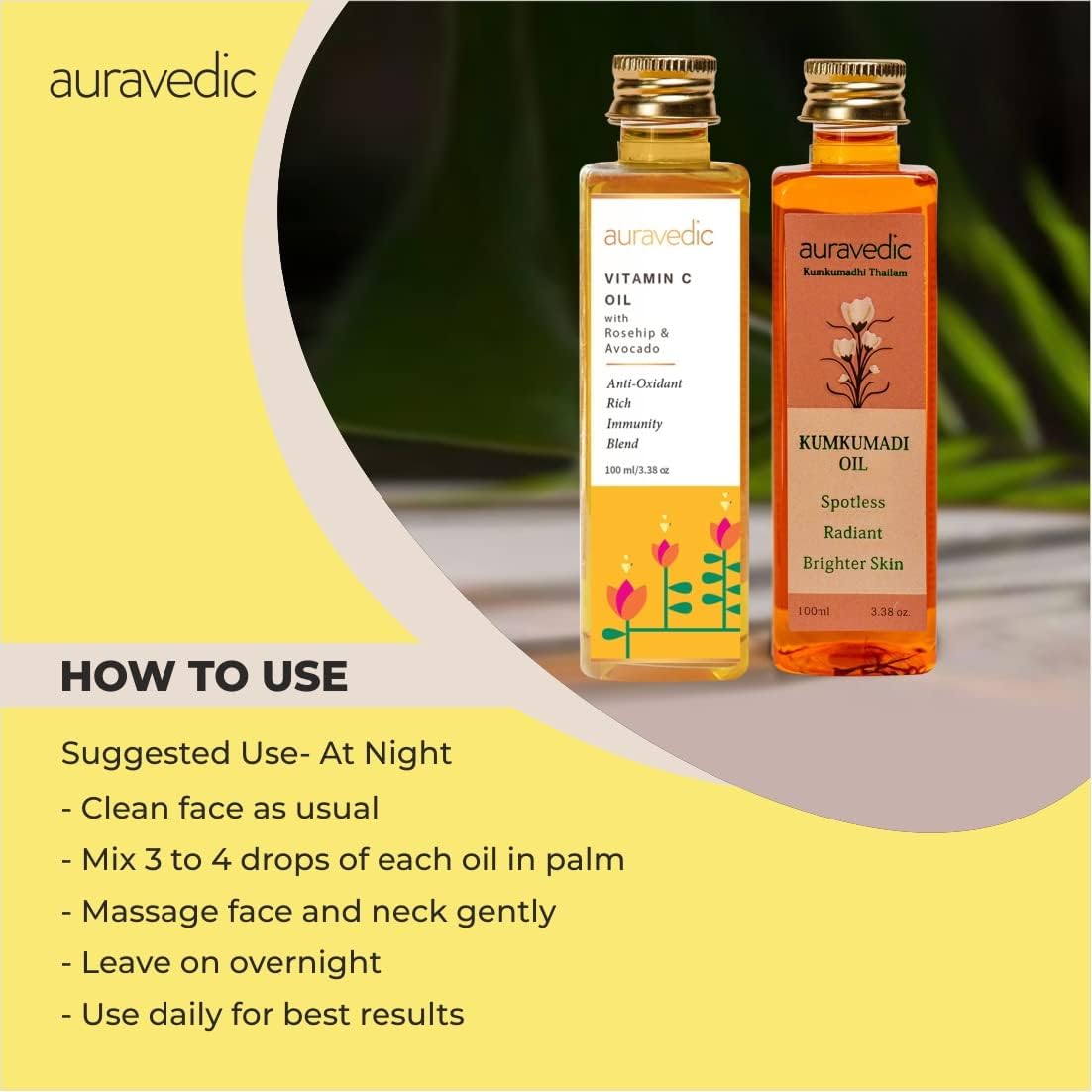 Auravedic Kumkumadi tailam for face Kumkumadi face oil for glowing skin and Vitamin C oil face serum with Rosehip oil 100 ml pack of 2 Vitamin C serum Kumkumadi oil body oil after bath for daily use