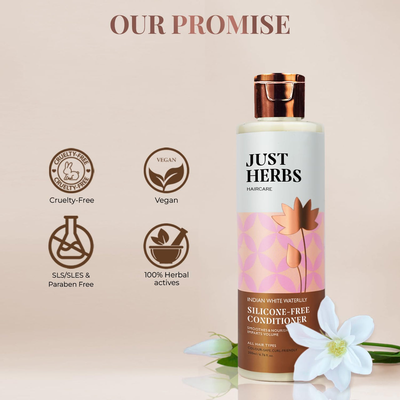 Just Herbs Kumuda Indian White Water Lily Conditioner For All Type Of Hair, 200 Ml (Parabens And Sls Free), 1 Count