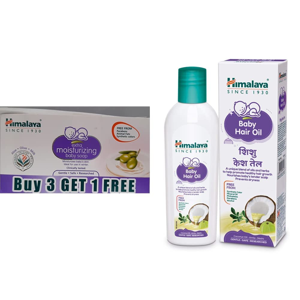 Himalaya Extra Moisturizing Baby Soap (75g, Buy 3 Get 1 Free) & Himalaya Baby Hair Oil 100 ml