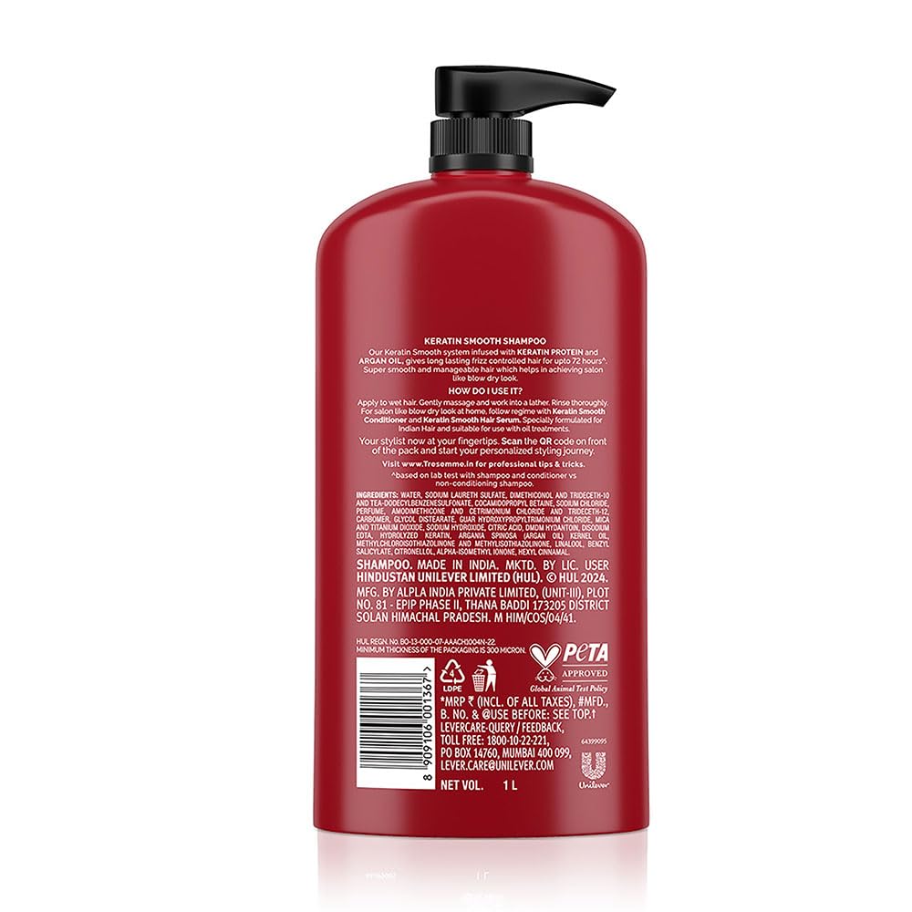 TRESemme Keratin Smooth Shampoo 1000ml With Keratin Protein and Argan Oil | Salon-Like Smooth Hair | Up To 72H Frizz Control