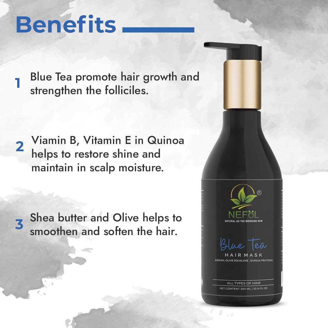 Nefol Hair Mask with Blue Tea, Shea Butter, Quinoa, and Olive Squalane - Restores Shine, Softens Hair - 300ml