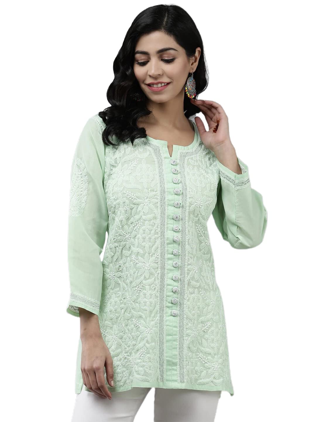 Ada Women's  Hand Embroidered Lucknowi Chikankari Cotton Straight Short Top Kurti A178625