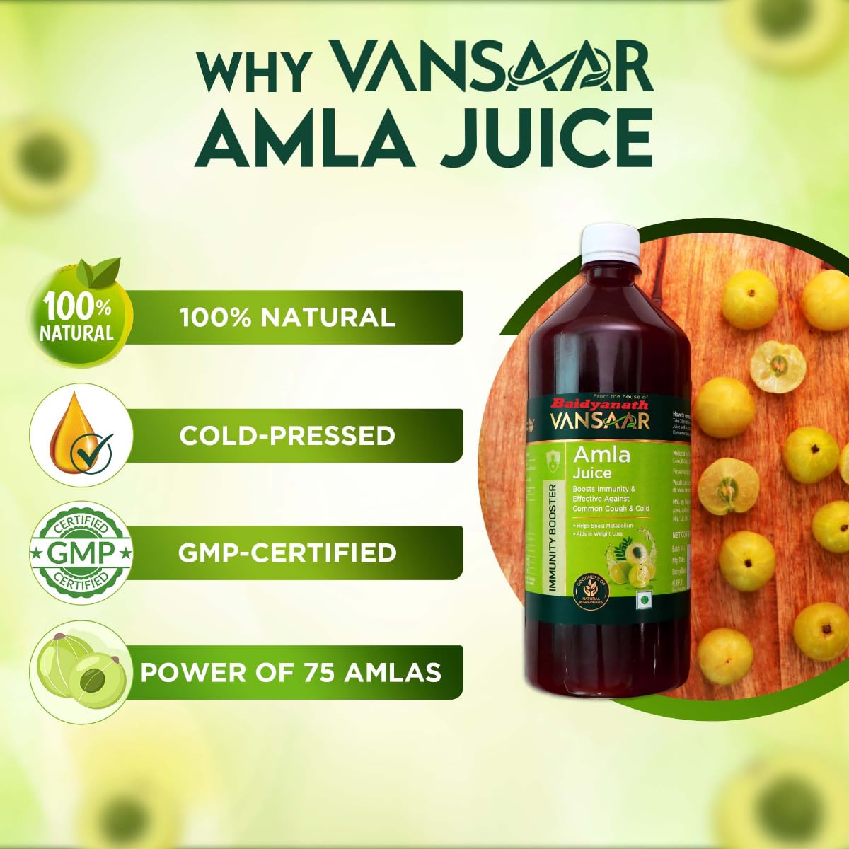 Vansaar Ayurvedic Tangy Amla Juice - 1L | 100% Cold Pressed Wild Amlas Rich In Vitamin C Sourced from Pratapgarh | Farm to Bottle in 12 Hours | 75 Pure Amlas for Hair Growth & Detoxification
