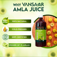 Vansaar Ayurvedic Tangy Amla Juice - 1L | 100% Cold Pressed Wild Amlas Rich In Vitamin C Sourced from Pratapgarh | Farm to Bottle in 12 Hours | 75 Pure Amlas for Hair Growth & Detoxification