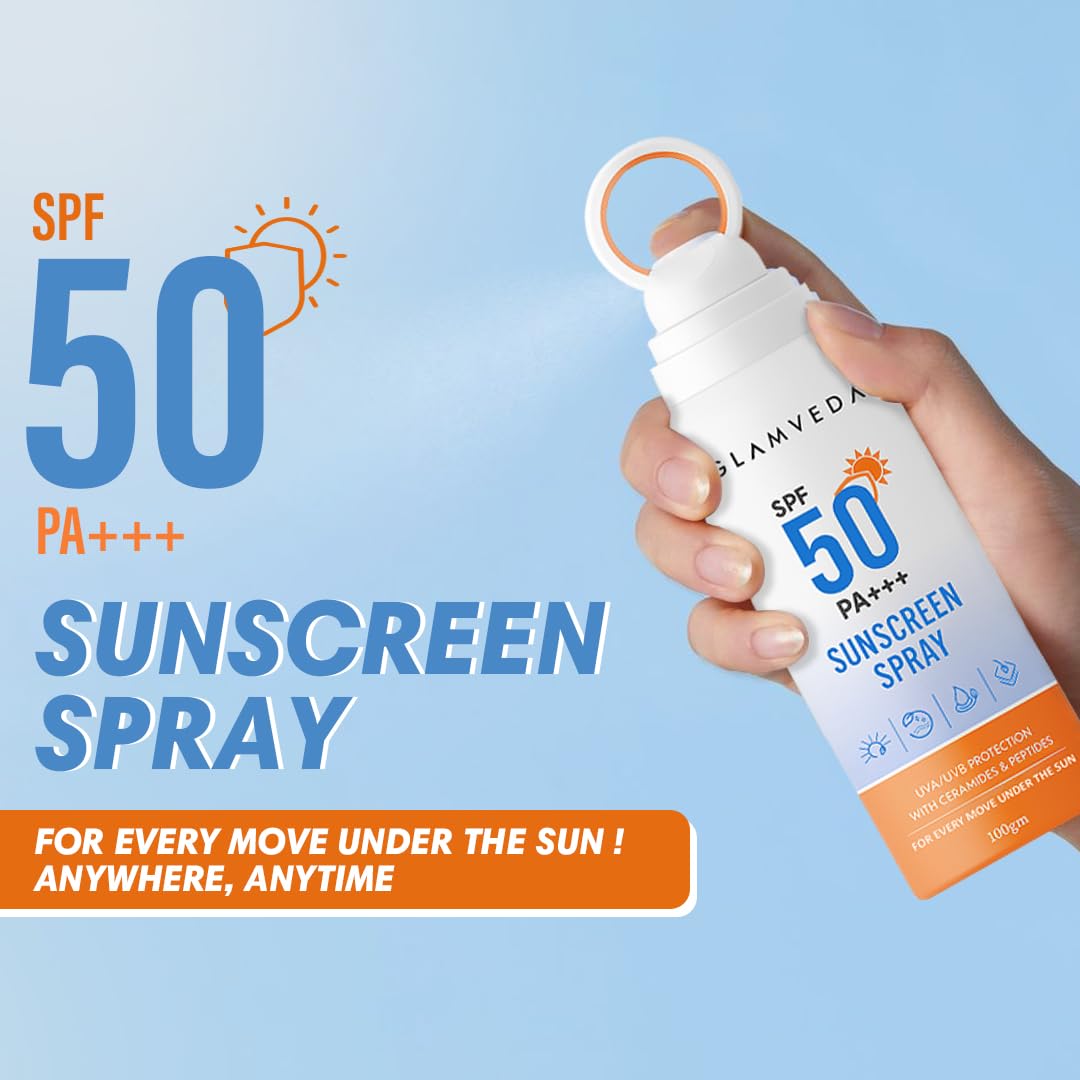 Glamveda Body Sunscreen Spray SPF 50 PA+++ | Broad Spectrum UVA/UVB & Blue Light Protection | With Ceramides, Peptides & Niacinamide | Quick-Absorbing, Waterproof, No White Cast | Men & Women |100 gm