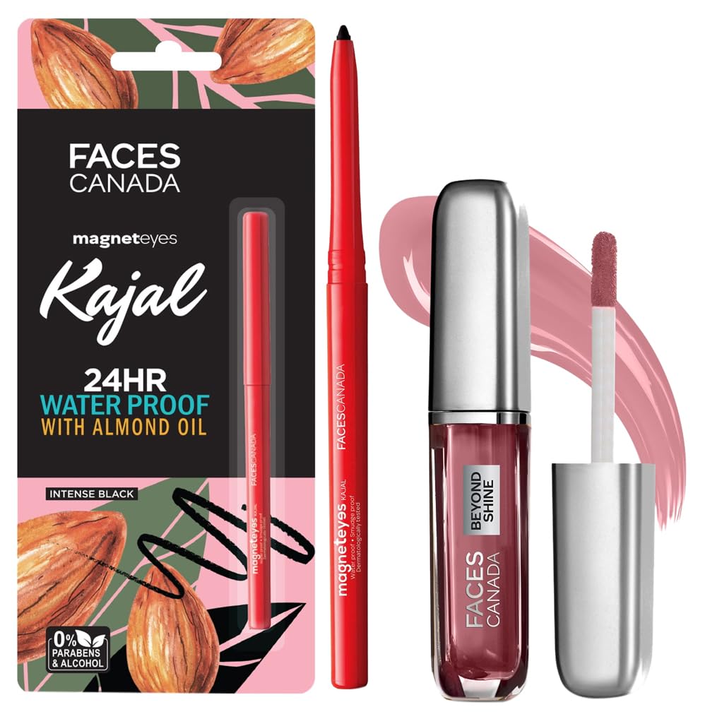 FACESCANADA Lip Gloss Baebe 03 (Glossy) & FACES CANADA Magneteyes Kajal - Black, 0.35g | 24 Hr Long Stay | One Stroke Smooth Glide | Waterproof, Smudgeproof & Fadeproof | Deep Matte Finish