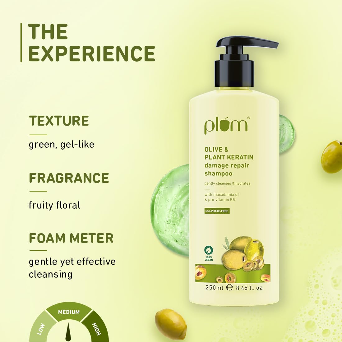 Plum Olive & Plant Keratin Damage Repair Shampoo | Sulphate-Free Shampoo | With Olive Oil, Plant Keratin, Macadamia Oil | Strengthens & Smoothens Hair, Conditions & Adds Shine to Hair | For Damaged, Salon-Treated Hair | 250 ml