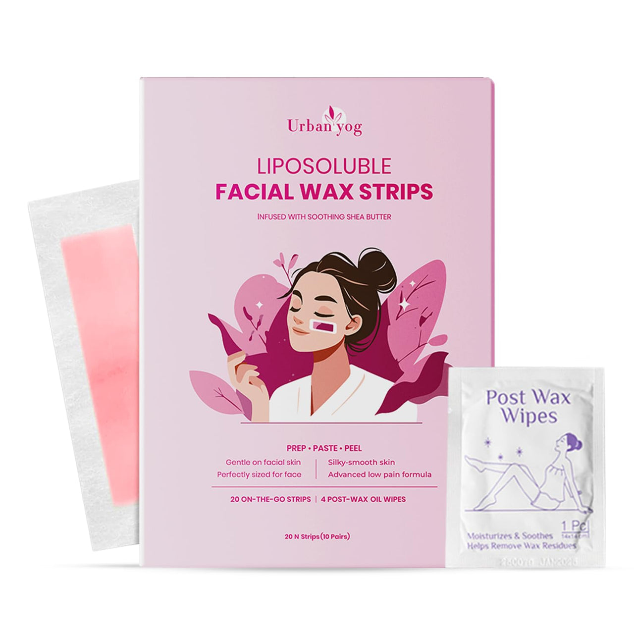 Urban Yog Small Liposoluble Facial Wax Strips for Women - 20 Wax Strips + 4 Post-Wax Wipes | Gentle Facial Hair Removal Face Wax Strip for Upper Lip, Eyebrows, Chin, Sidelocks | Enriched with Shea Butter