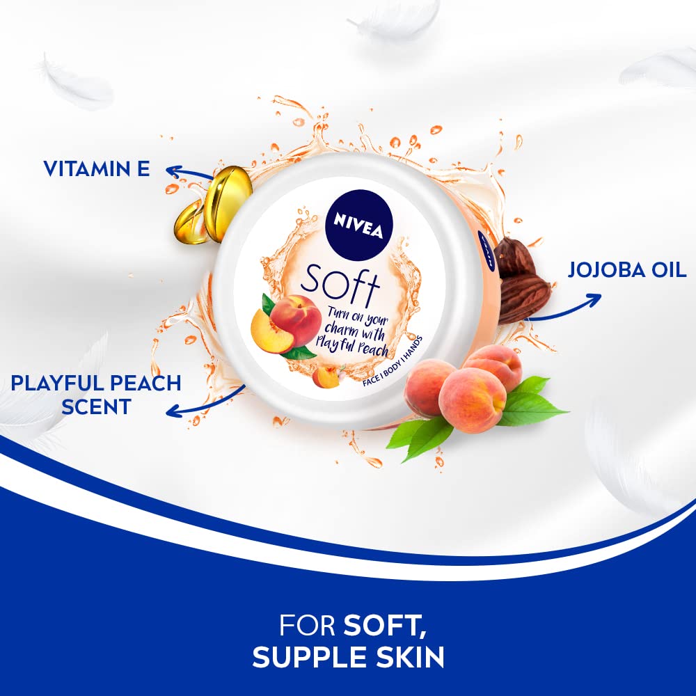 NIVEA Soft Light Moisturizer 100ml | Playful Peach | For Face, Hand & Body, Instant Hydration | Non-Greasy Cream | With Vitamin E & Jojoba Oil | All Skin Types