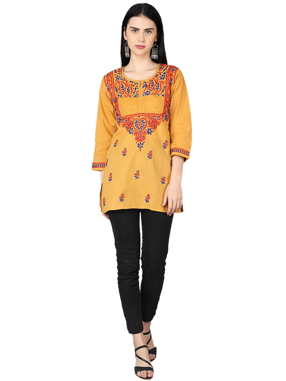 Ada Women's  Cotton Top Hand Embroidered Lucknowi Chikankari Tunic Kurti A226823 2XL Mustard