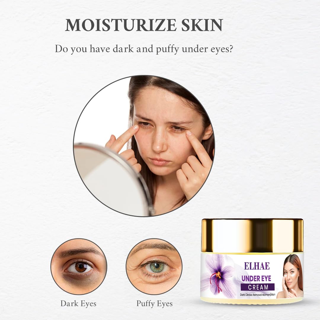 ELAHE Under Eye Cream for Dark Circles - Gel-Based, Organic & Natural with Saffron, Almond, Turmeric, Aloe - Anti-Puffiness, Wrinkle Care & Brightening for Women & Men - 50g