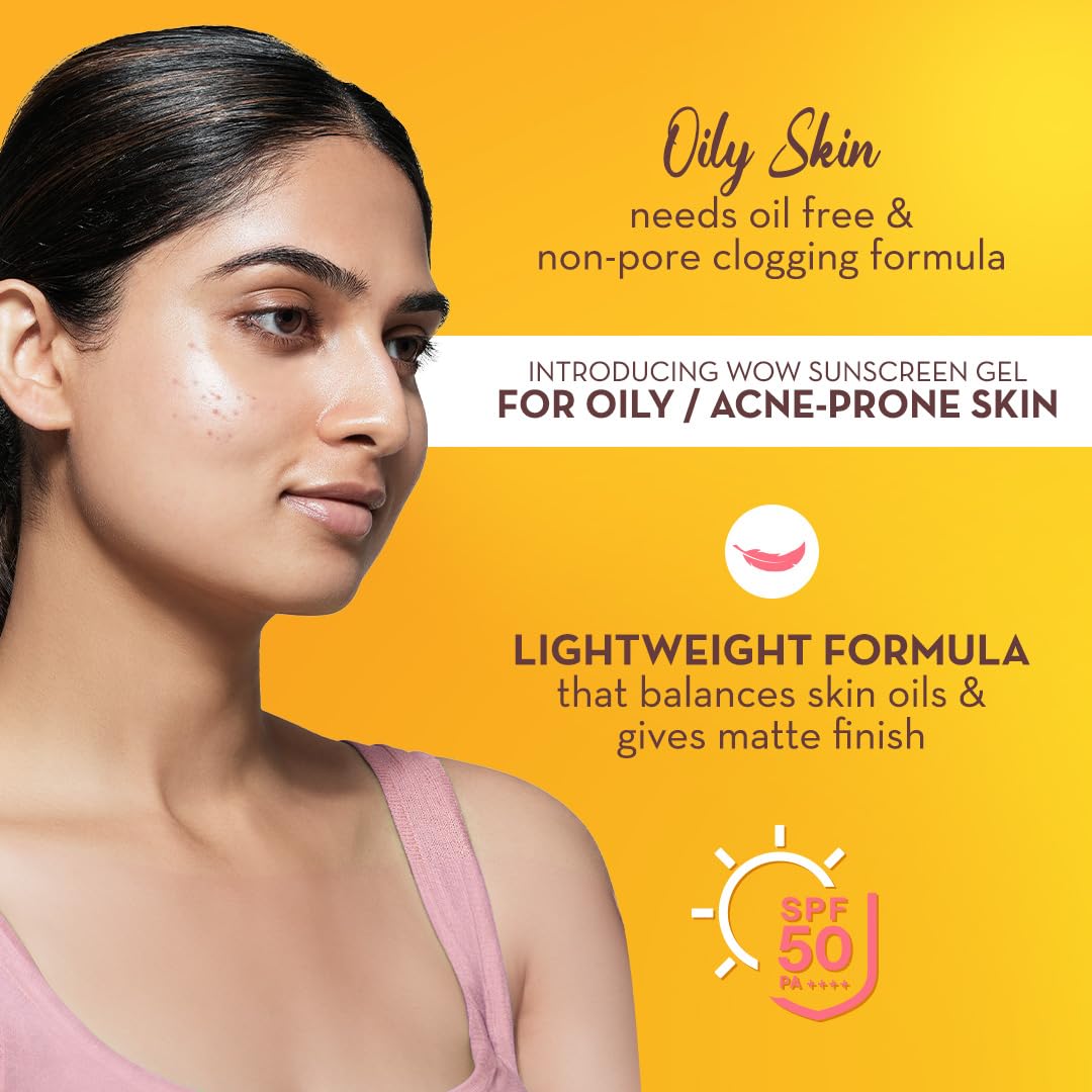 WOW Skin Science Sunscreen Gel For Oily & Acne-Prone Skin | SPF 50 PA++++ | Blocks UV Rays | Balances Oil & Excess Sebum | Lightweight | Quick Absorbing | No white cast | UVA & UVB Protection | 50 ml