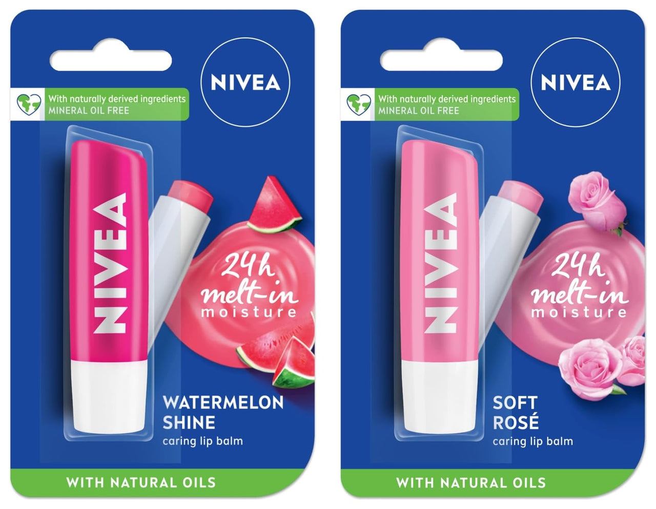 NIVEA Lip Balm, Soft Rose, 4.8g and NIVEA Lip Balm, Fruity Watermelon Shine, 4.8g