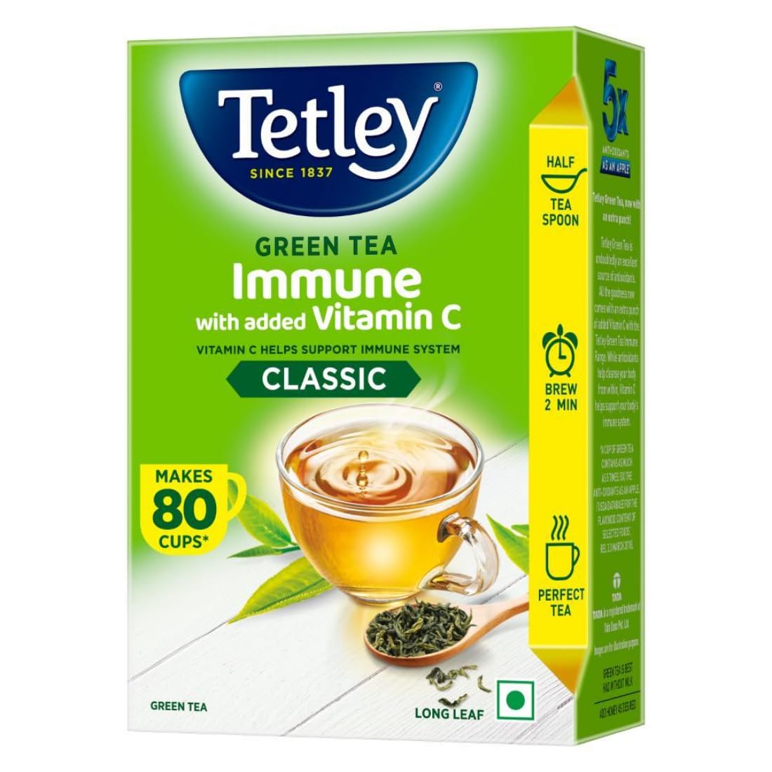 Tetley Loose Green Tea Leaves 100g, Classic Flavour, Immune With Added Vitamin C, Makes 80 Cups, Long Leaf Tea, 5X Antioxidants As An Apple