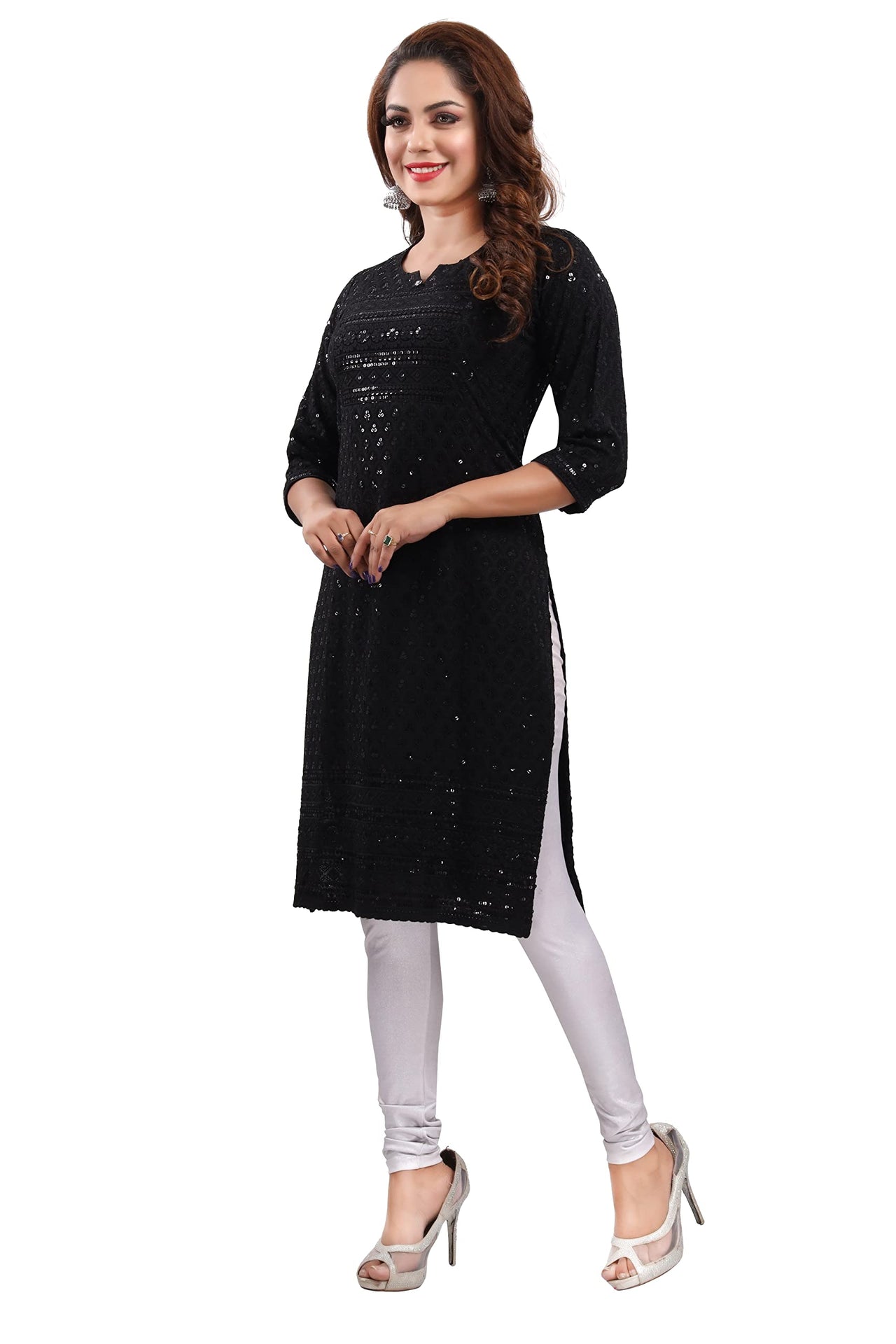 QUEEN SHIELD Women's  Knee Length Rayon Chikan-Kari KurtaKurti (QS_6631)