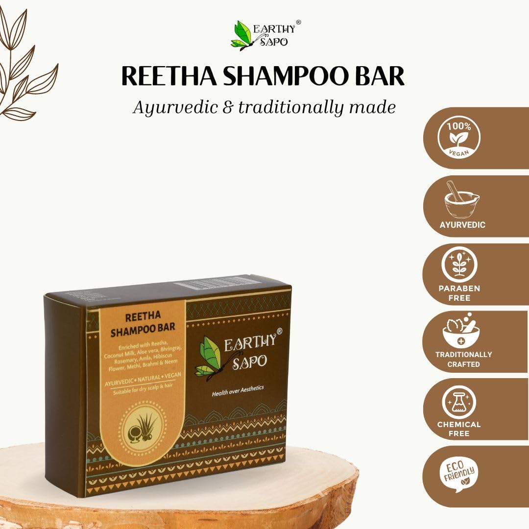 Earthy Sapo Reetha Shampoo Bar for Dry Hair (100g, Pack of 1) | Handmade Ayurvedic Hair Care | Vegan, Chemical-Free, Eco-Friendly | Reetha & Coconut Milk for Nourished Hair