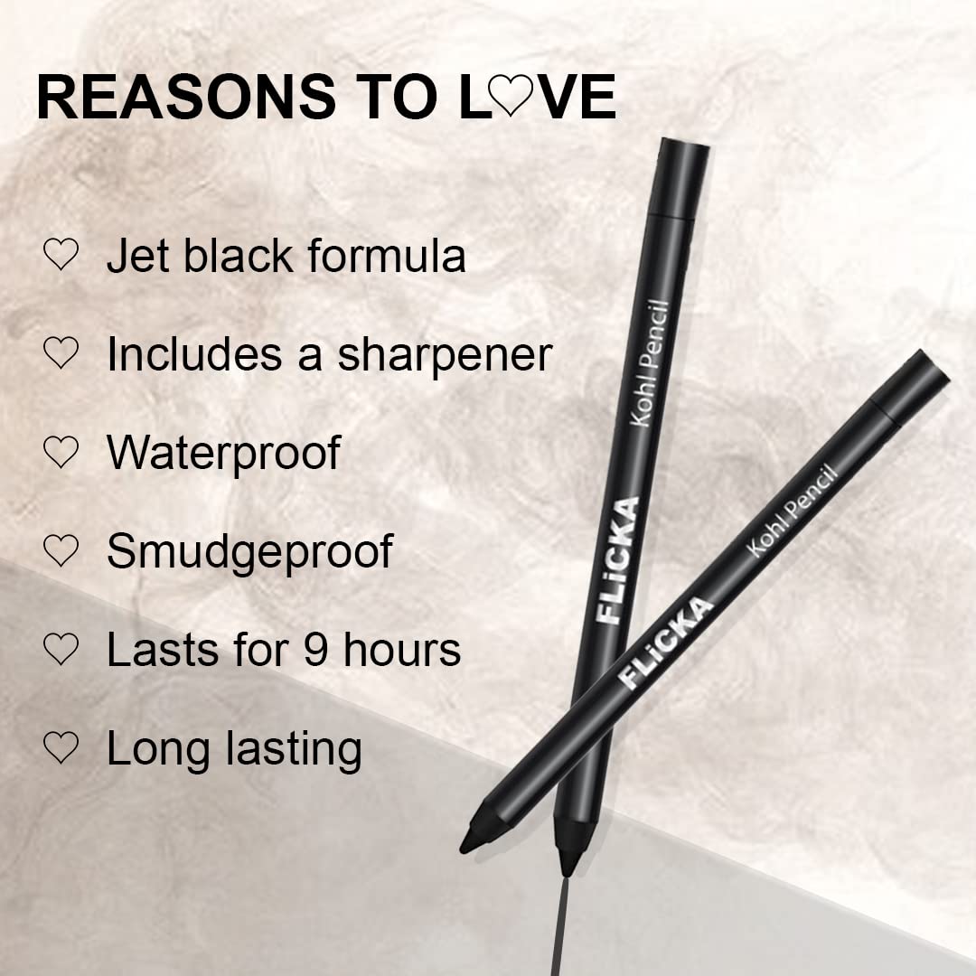 FLiCKA Kohl As Coal Kajal Pencil | Intense Black Waterproof Eyeliner | 24HR Long-Lasting Smudge-Proof Matte Finish | Eye Pencil for Women | 1.2g