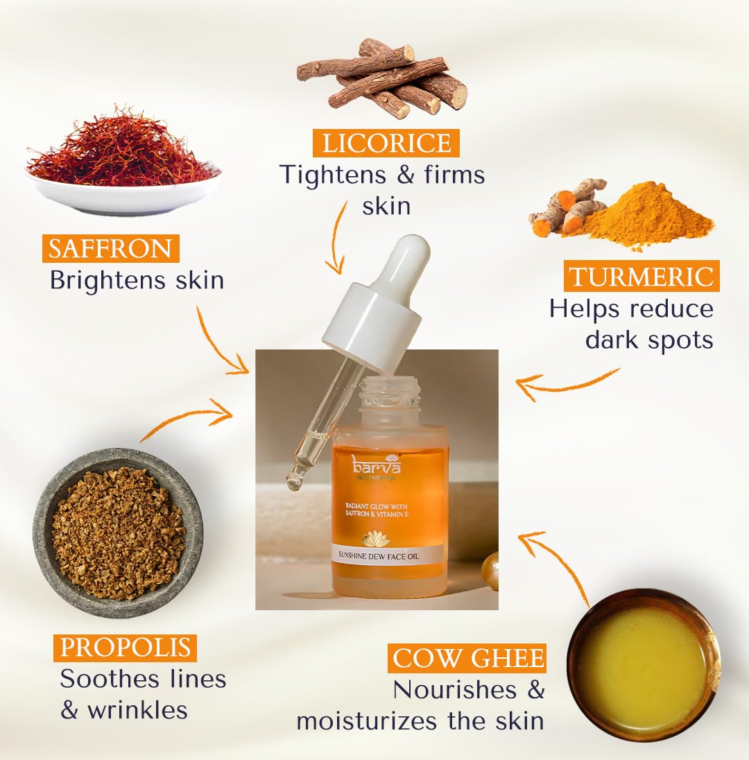 Barva Sunshine Dew Face Oil, For Radiant, Youthful & Glowing Skin. Contains Saffron, Vitamin E, Turmeric, Liquorice & Ghee blend.30ml