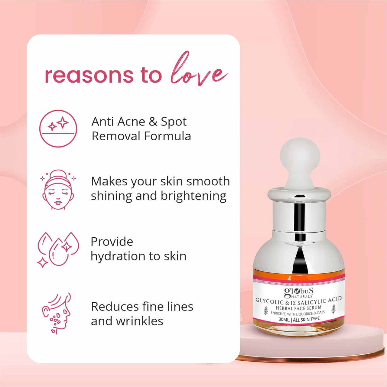 Globus Naturals Glycolic & 1% Salicylic Acid Anti Acne Face Serum, For Oily & Acne Prone Skin, Natural & Ayurvedic Formula, Chemical Free, Cruelty Free, 30 ml, Pack of 1