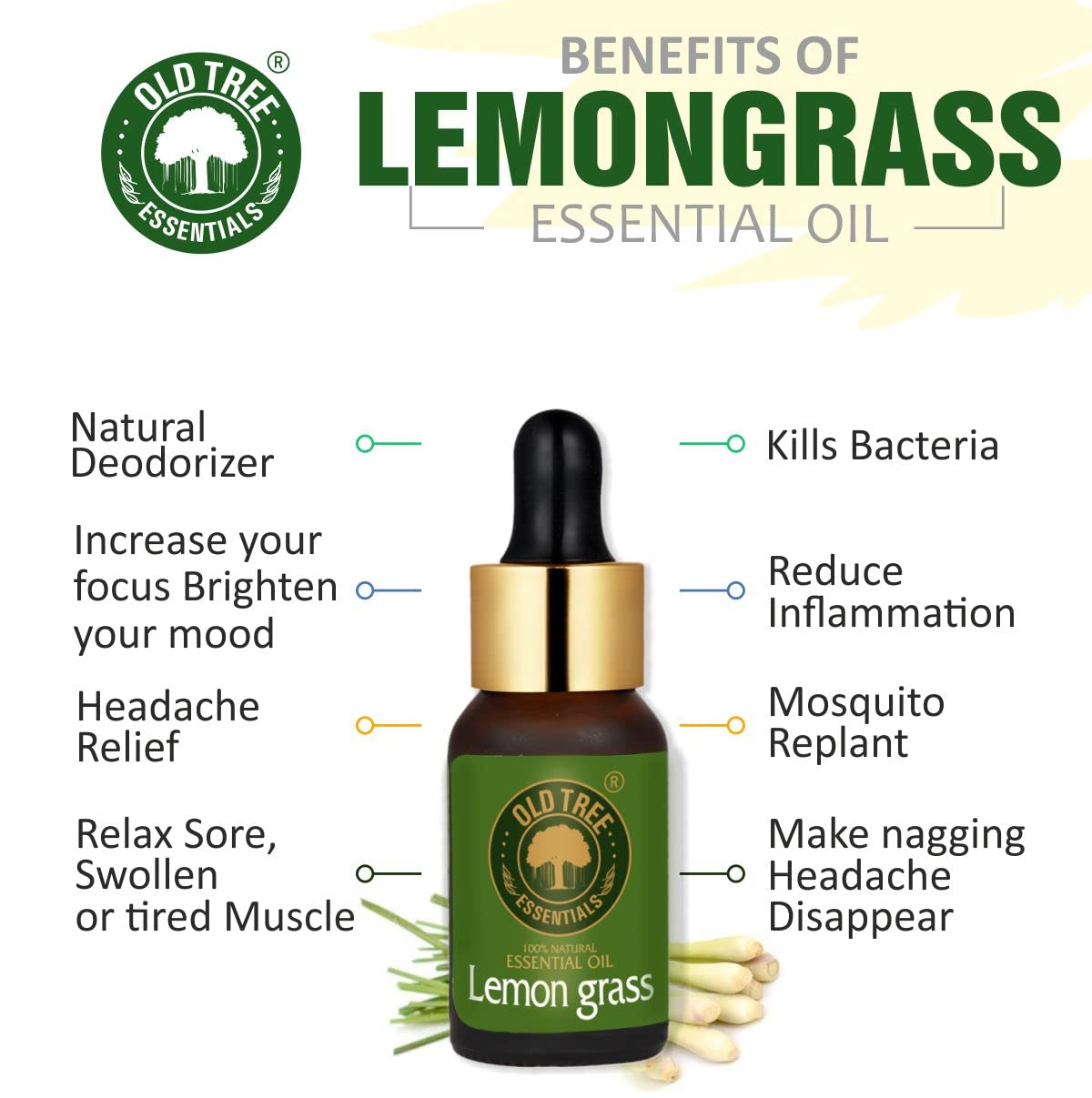 Old Tree Lemongrass Essential Oil (15ml) - for Skin, Hair Care, Insect Repellant, Home Fragrance and Aromatherapy - Pure and Natural Undiluted Oil with Glass Dropper