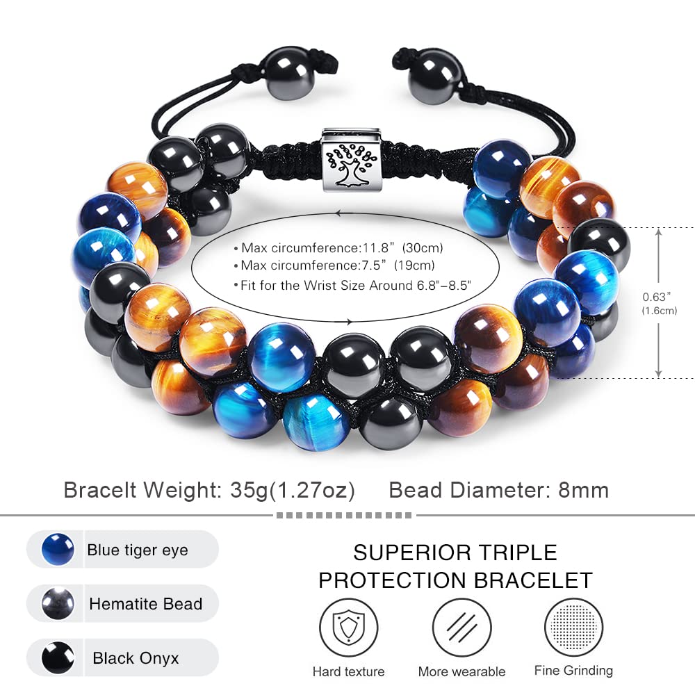 DHQH Triple Protection Bracelet 8/10MM Hematite Black Agate Tigers Eye Stone Bracelet Crystal Jewelry Healing Bead Bracelets for Men Bring Luck, Prosperity and Happiness F-8MM Triple Beads Double