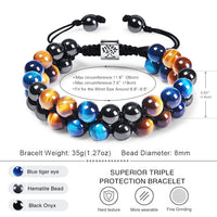 DHQH Triple Protection Bracelet 8/10MM Hematite Black Agate Tigers Eye Stone Bracelet Crystal Jewelry Healing Bead Bracelets for Men Bring Luck, Prosperity and Happiness F-8MM Triple Beads Double